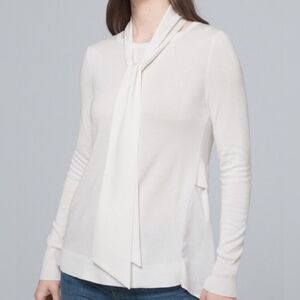 WHBM Elegant Feminine White Mixed Media Sweater Blouse Removable Tie Scarf Sz MP